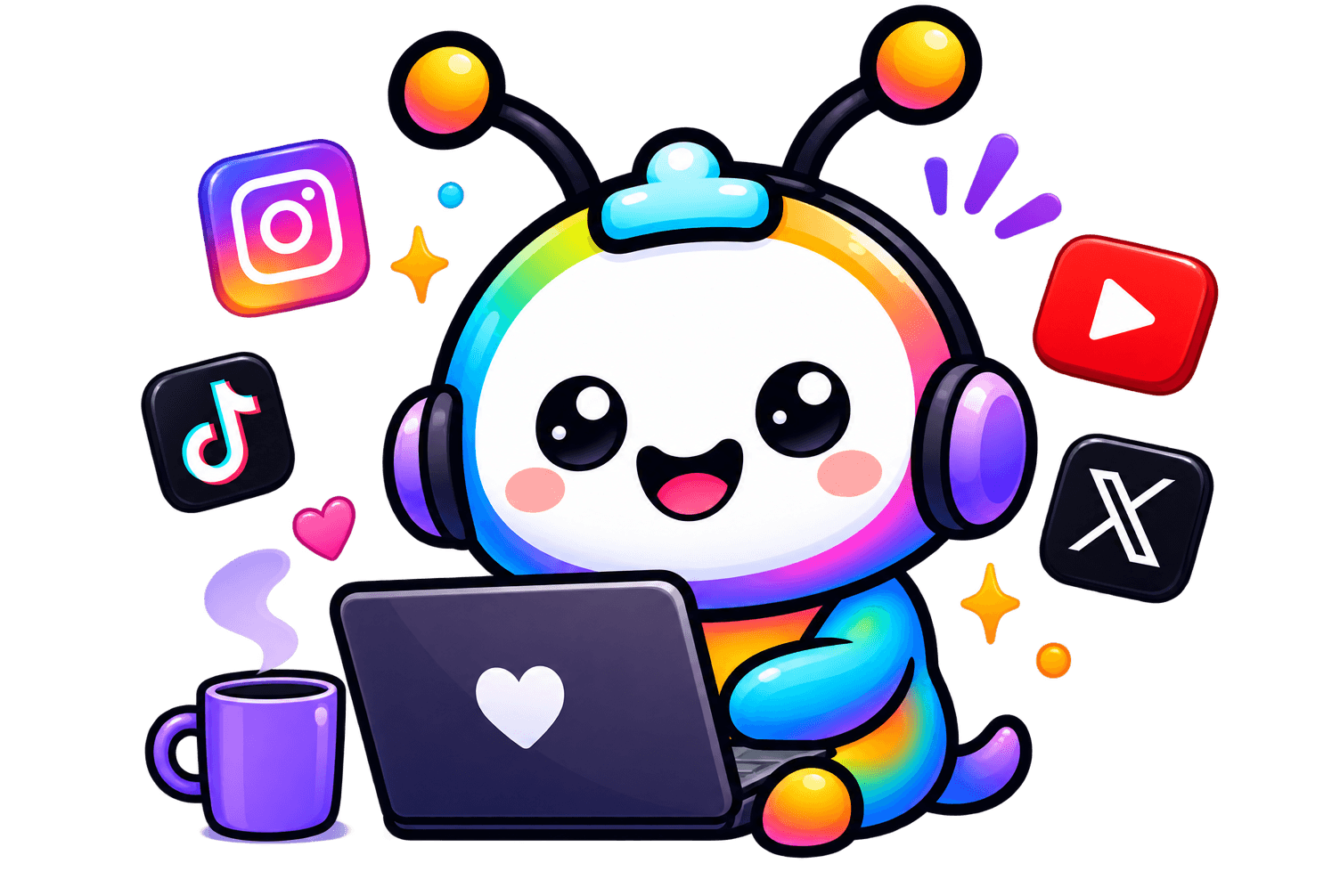 Mascota de Turnix Creators trabajando en su laptop, rodeada de los íconos de Instagram, TikTok, YouTube y X